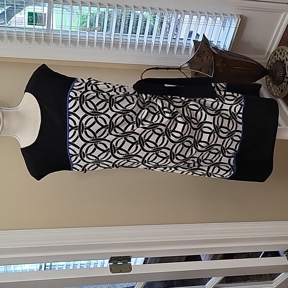 R&K black white geometric sleeveless dress blue trim ruched side tie sz XL EUC…